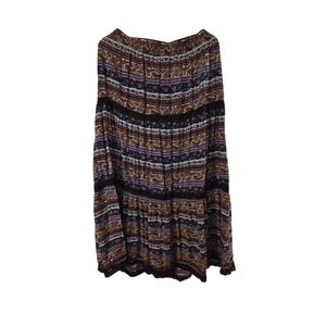 GRW‎ Boho Maxi Skirt Tiered Paisley Print Lace Trim Elastic Waist L /0110